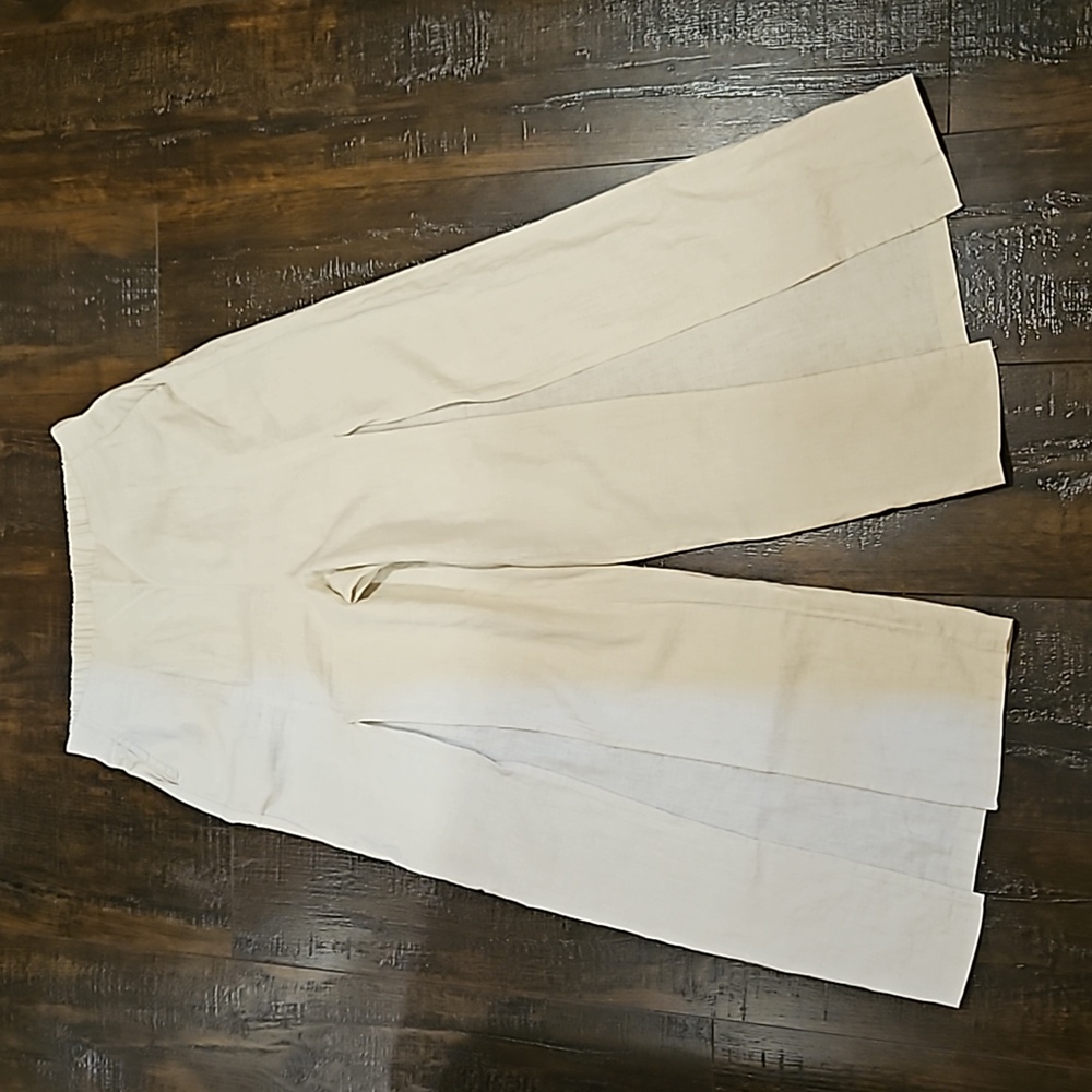 HG Linen Blend Wide Leg Pants Front Leg Slits Front Pockets Neutral Cream Sz M